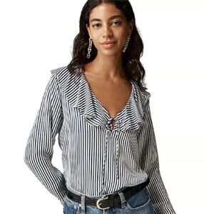 J.Crew Goldie Satin Top WMNS XS Navy White Striped Long Sleeve Ruffle Tie Neck
